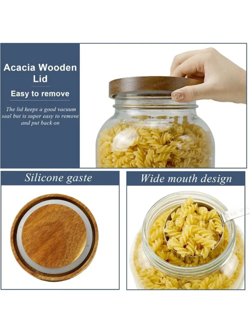 2 Pack Airtight Glass Storage Jars with Wooden Lids - 1 Gallon Wide Mouth